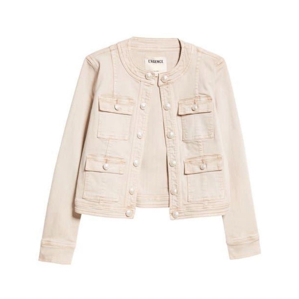 L’Agence Yari collarless stretch cotton jacket in biscuit.